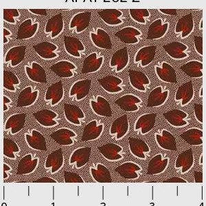 May include: Close-up of a fabric swatch with a repeating pattern of stylized, reddish-brown leaf shapes outlined in white. The leaves are set against a speckled, light brown background. The text "APAT 262 Z" is at the top.