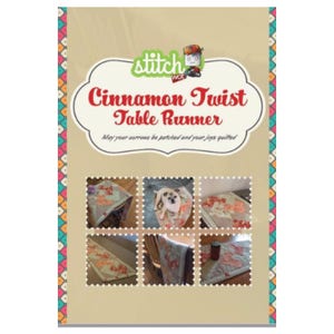 May include: A digital download pattern for a table runner called "Cinnamon Twist Table Runner". The pattern features a patchwork design with a mix of red, orange, and white fabrics. The pattern is available for purchase on Etsy.