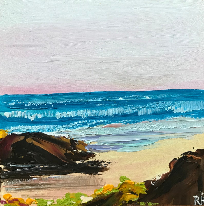 Ocean Sea Shore Beach Oil Painting Impasto Palette Knife Original 5x5 Ready to Hang Framed Bild 1