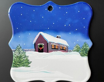 Christmas Holiday Ornament, Winter Snow Landscape, House, Metal, Bracket or Round 3x3"