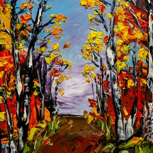 Fall Foliage Autumn Birch Trees Oil Painting Impasto Palette Knife Original 11x14 Ready to Hang