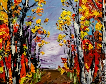 Fall Foliage Autumn Birch Trees Oil Painting Impasto Palette Knife Original 11x14 Ready to Hang