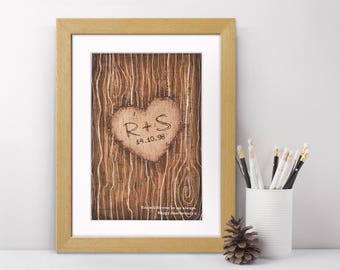 Tree Carving Personalised Print | Romantic Valentines Gift | Personalised Carved Initials Art