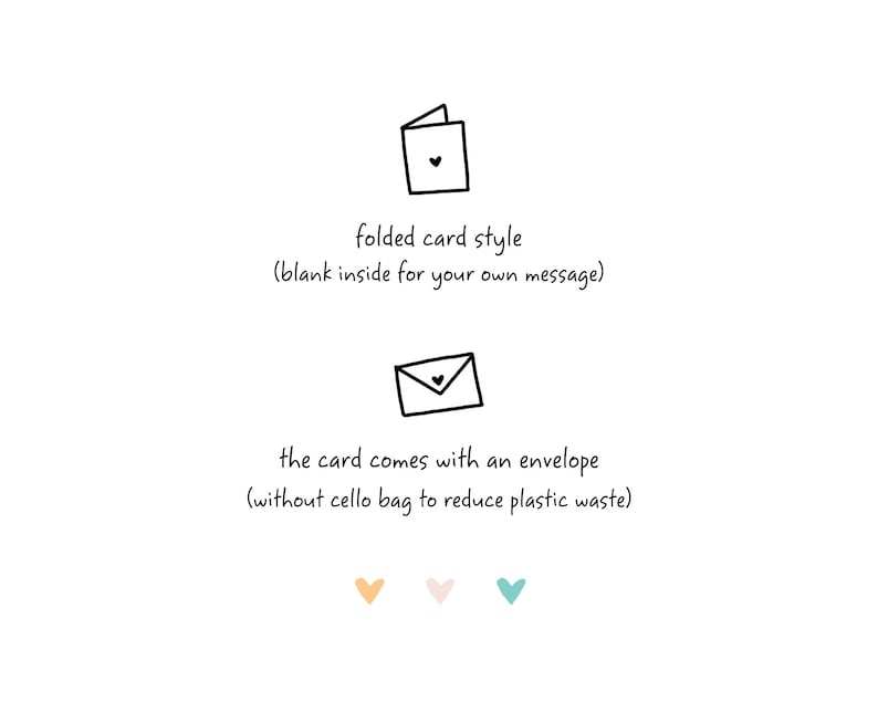 May include: A folded card with a heart design, with the text "folded card style (blank inside for your own message)". The card comes with an envelope, with the text "the card comes with an envelope (without cello bag to reduce plastic waste)".