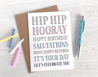 Typographical Birthday Card - Let's Celebrate - Hip Hip Hooray - Special Day