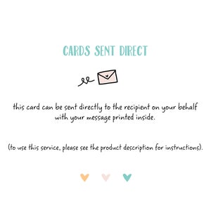 Peut inclure: Une carte blanche avec le texte "CARDS SENT DIRECT" en bleu sarcelle. Une illustration d'une enveloppe rose avec un c&oelig;ur &agrave; l'int&eacute;rieur se trouve sous le texte. Le texte "this card can be sent directly to the recipient on your behalf with your message printed inside." se trouve sous l'enveloppe. Le texte "(to use this service, please see the product description for instructions)." se trouve sous le texte pr&eacute;c&eacute;dent. Trois c&oelig;urs se trouvent sous le texte, un orange, un rose et un sarcelle.