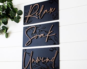 Relax Soak Unwind Sign Set Bathroom Wall Decor Modern Farmhouse Boho Bath Decor