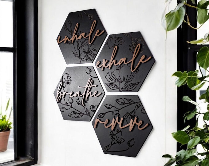 Engraved Floral Hexagon Wooden Wall Art: Inhale Exhale Decor, Set of 1-8, Custom Wellness Spa and Yoga Studio or Bath Tub Decor