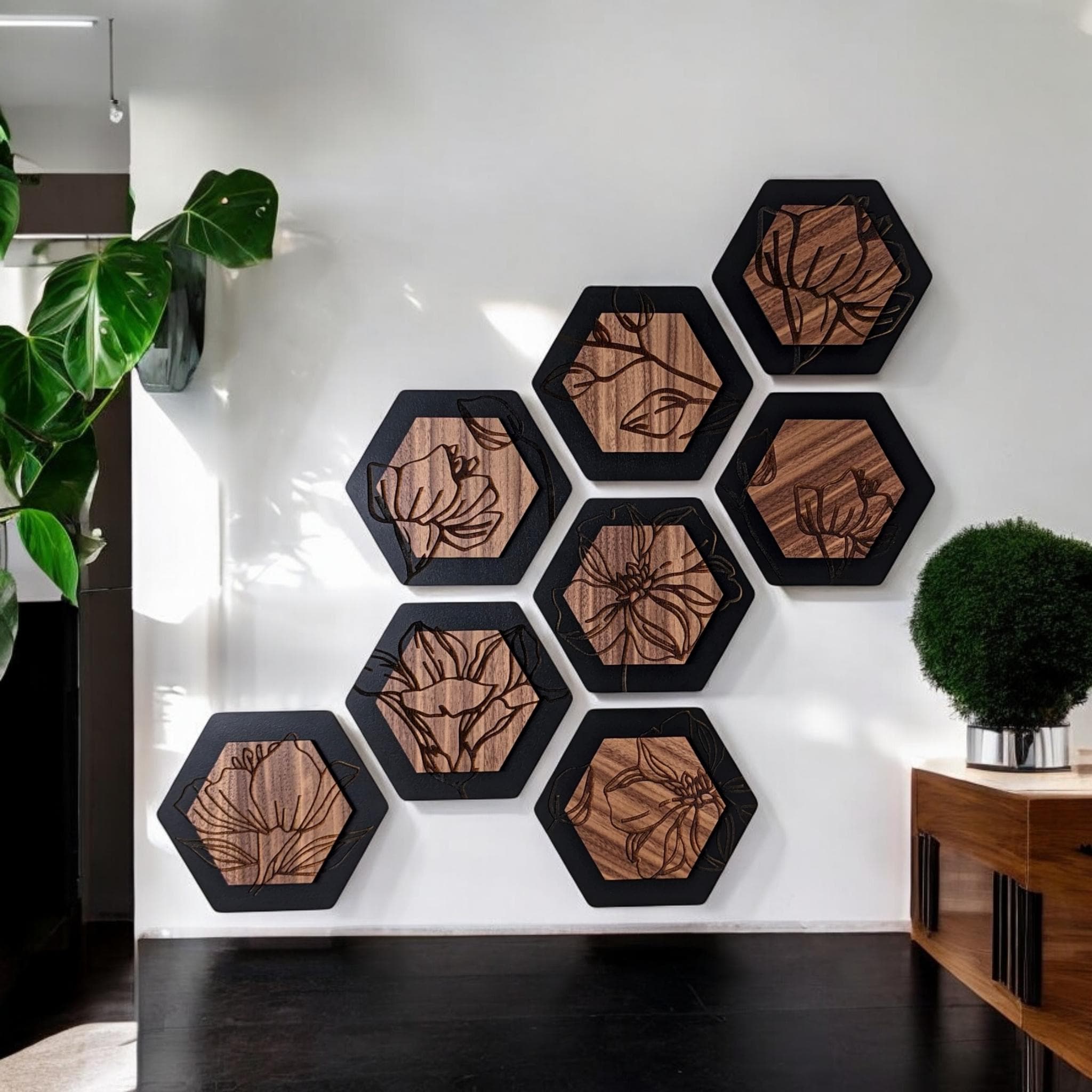 六角形☆hexagon☆雰囲気Good☆お洒落インテリア Engraved Floral Hexagon Wall Art Custom Two Layer Real Wood Decor