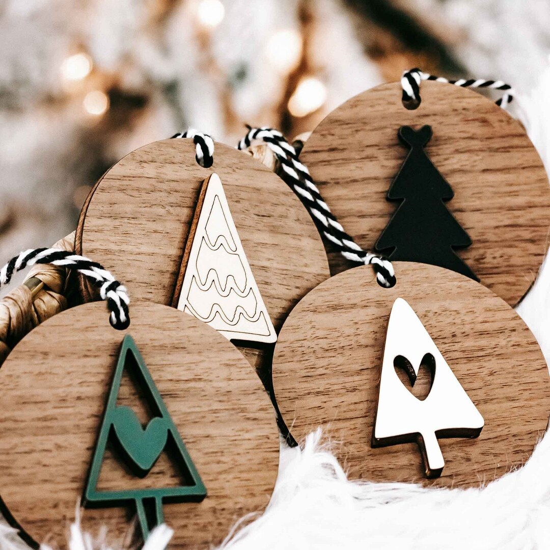 Set of 8 Wooden Christmas Neutral Tree Ornaments Rustic Christmas Tree ...