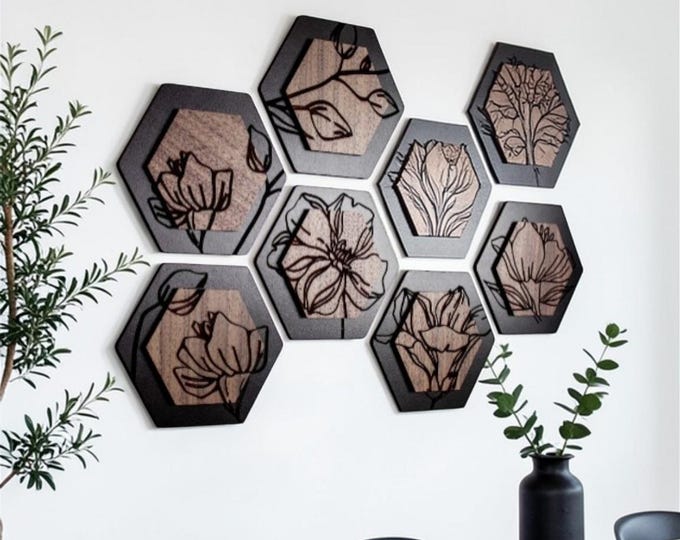 Engraved Floral Hexagon Layered Wood Wall Art – Modern Decor