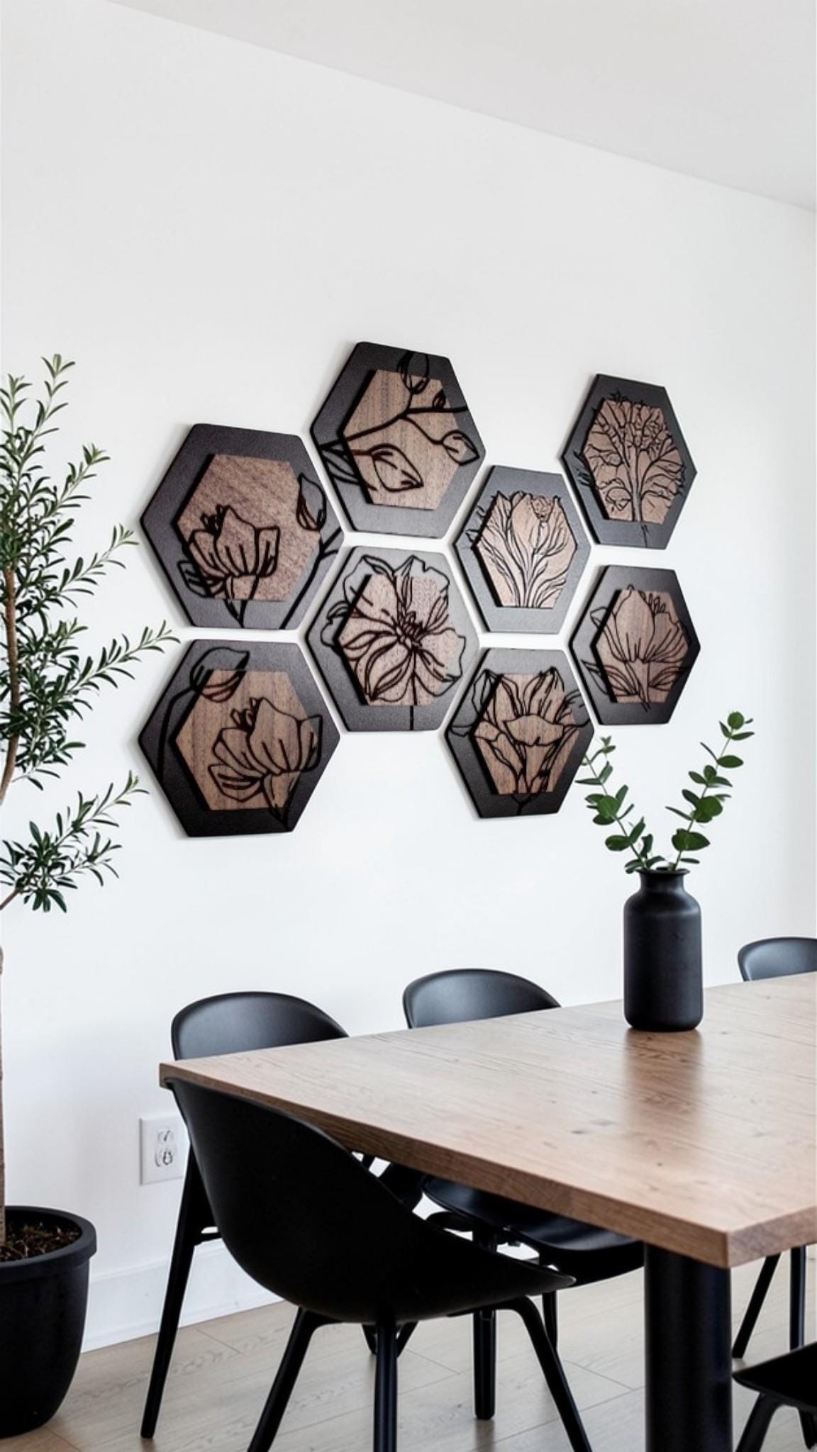 六角形☆hexagon☆雰囲気Good☆お洒落インテリア Engraved Floral Hexagon Wall Art Custom Two Layer Real Wood Decor