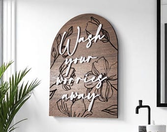 Modern Arch Floral Engraved Magnolia Sign Luxury Spa Decor Modern Farmhouse Bathroom Decor Textured Wall Art Bathroom Quotes