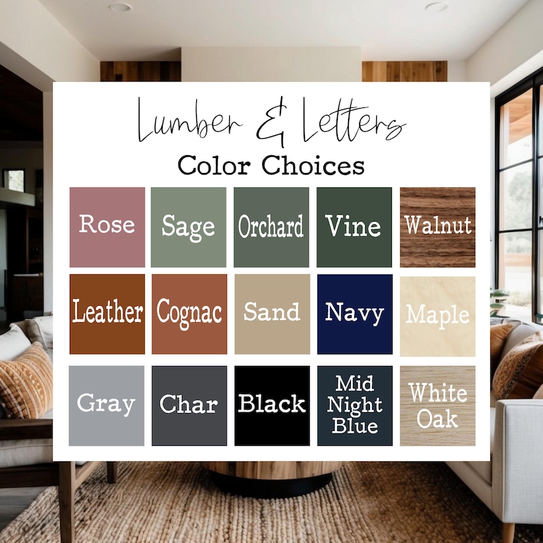 Op de afbeelding: Een kleurenkaart voor "Lumber & Letters" producten, met een verscheidenheid aan tinten. De kaart bevat Rose, Sage, Orchard, Vine, Walnut, Leather, Cognac, Sand, Navy, Maple, Gray, Char, Black, Mid Night Blue en White Oak.