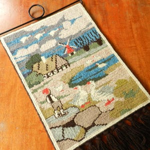 Embroidered wall hanging Nils Holgersson landscape / vintage Swedish handmade twist stitch tapestry / Scandinavian home decor folk art