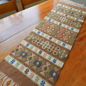 Könnte beinhalten: Brauner gewebter Tischläufer mit einem sich wiederholenden Muster aus floralen und geometrischen Designs in Blau, Rosa, Grün und Weiß. Der Läufer hat einen Fransenrand und liegt auf einem Holztisch.