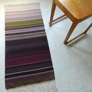 Long stylish hand-woven wool tapestry pink purple green stripes / retro Nordic Raanu weaving / abstract Swedish wall hanging / 1.5m 61&quot;