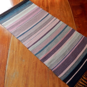 Vintage hand-woven wool tapestry pink purple blue stripes / retro Nordic Raanu weaving / rustic abstract Swedish wall hanging / 1.15m 45&quot;