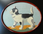Charming cat embroidery in oval frame vintage or antique needlepoint embroidered woolwork black white pussycat wood and glass frame