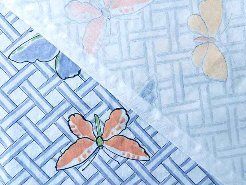 90 x 500cm 35 x 5.5yd mid-century novelty print cotton butterflies diagonal plaid white blue yellow orange 40s 50s 60s dressmaking fabric