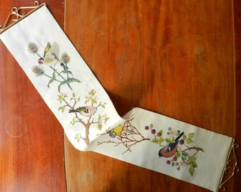 Vintage large embroidered bell pull with hangers / handmade cross stitch on linen birds coal tit robin finch flowers / retro wall hanging