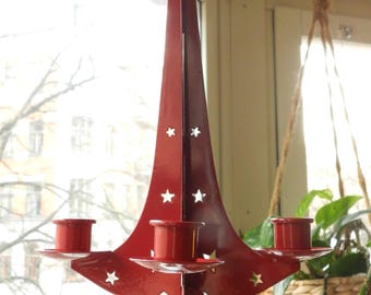 Vintage red metal chandelier four candles / Hanging candle holder with stars / Swedish Christmas decor