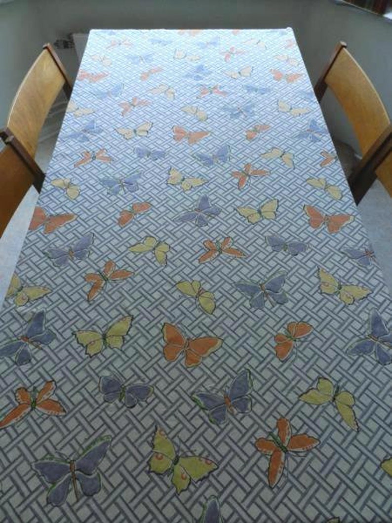 90 x 500cm 35 x 5.5yd mid-century novelty print cotton butterflies diagonal plaid white blue yellow orange 40s 50s 60s dressmaking fabric