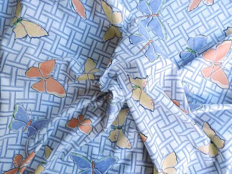 90 x 500cm 35 x 5.5yd mid-century novelty print cotton butterflies diagonal plaid white blue yellow orange 40s 50s 60s dressmaking fabric