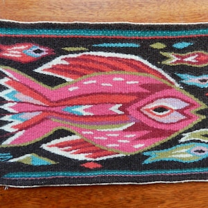Stunning small Flemish weaving with fish / vintage handmade Swedish wool tapestry / mid-century textile art / retro Nordic home decor