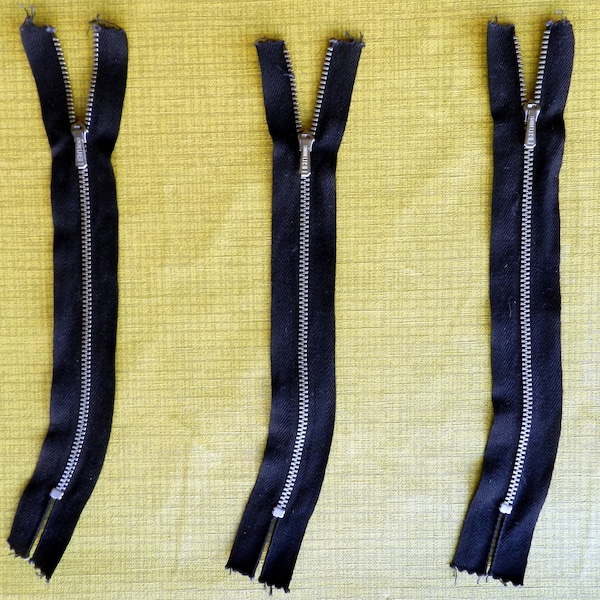 3 vintage deadstock curved Lightning zippers for trousers / black 40s 50s 60s bent metal zip closures for retro pants / unused sewing supply
