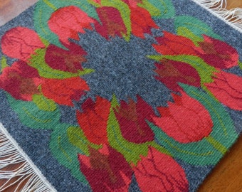 Hand-woven tapestry tulips / handmade Flemish weaving flowers / vintage Swedish wool doily / folklore textile art / retro home decor