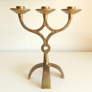 Modernist brass candelabra made in Sweden by Scandia Present / vintage solid metal three-armed candlestick holder / rustic Nordic home decor