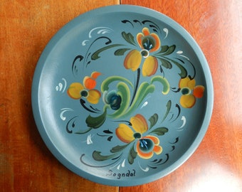 Vintage Norwegian Rosemaling plate Sogndal / hand-painted wooden decorative plate teal floral / souvenir from Norway / Nordic folk art