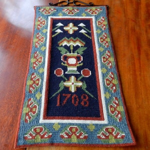 Vintage embroidered wool wall hanging Swedish folk art motifs / mid-century twist stitch embroidery flower pot / Scandinavian folklore
