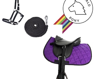 SET DE SILLA DE MONTAR NEGRO PÚRPURA Y CABEZADO NEGRO - Accesorios Pony de Madera NUEVO - *Compra sin caballo de madera