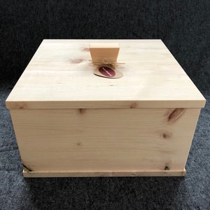 Può includere: Una scatola in legno naturale con un coperchio incernierato e un piccolo pomo in legno sulla parte superiore. La scatola è realizzata in legno chiaro e ha una finitura naturale. La scatola è etichettata "remarkable".