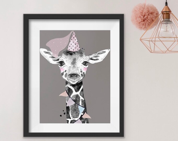 Baby Fairy Giraffe Pink & Gray Printable, Instant Download