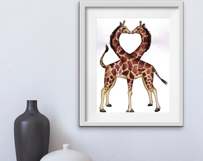 Giraffes love, kiss, Heart Shape Downloadable Print, Instant download, Decorative photo for Nursery, kids room,