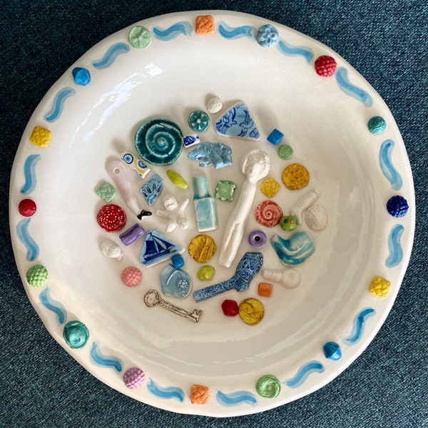REDUCED**Mudlarking Finds Ceramic Bowl, Beachcombing, River Thames, Pottery Shards, Handmade, Hand Painted, Ceramic Beads, Bottles, Shells