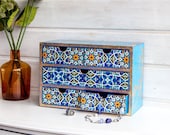 Desktop organizer Blue Gold, Makeup storage chest, Makeup organizer, Mini chest of drawers, Wooden jewelry box, Makeup drawers, Vintage box