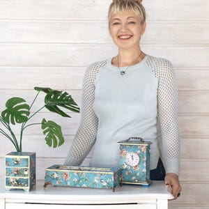 Hand-Decorated Wooden Mantel Clock, Chinoiserie Birds, Paris Theme, Vintage Home Decor