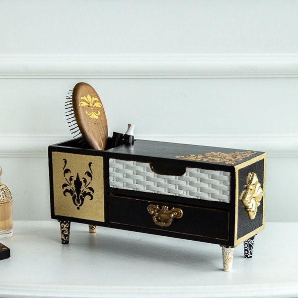 Black Gold Desktop Makeup organizer, Mini chest of drawers, Makeup storage chest, Wooden jewelry box