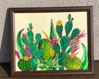 3Dガラスサボテン絵画：抽象的なステンドグラスアート、15インチ×15