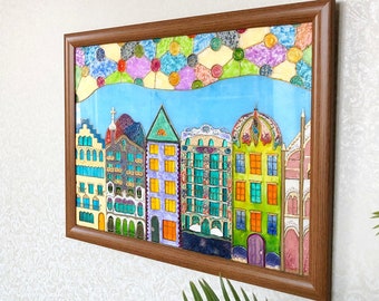 Stained glass painting Barcelona 12*16", Picture in frame, Art glass, Painting with colorful houses, Glass wall decor, Wall hanging