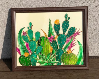 Stained glass painting Cactus, Hand painted stained glass picture, Succulent gift, Green Cactus wall decor