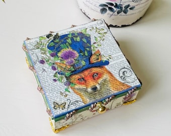 Red Fox Wooden Jewelry Box, Decoupage Trinket Storage, Gift for her