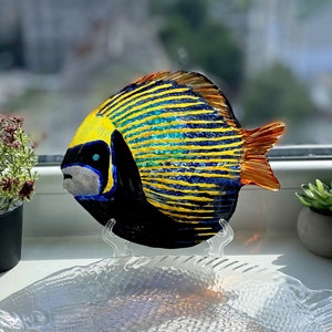 Decorative plate Fish, Stained glass painting plate, Ready to ship, Hand painted plate, Collectible plates, Fish decor, Black yellow decor