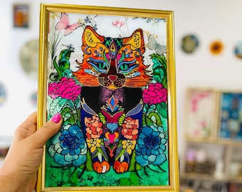 Handmålad kattkonst i målat glas • Färgglad väggdekoration • Bohemisk present till kattälskare • Ljus glasmålning