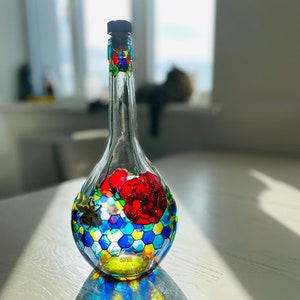 Decorative glass bottle Bee and poppies, Stained Glass painting bottle, Red Blue decor, Hand Painted Wine Bottle, Stain glass decor