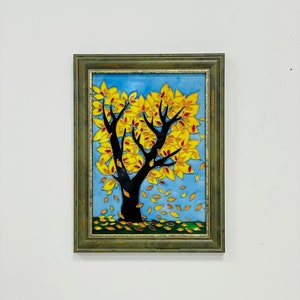 Stained glass painting in frame Autumn, Ready to ship, Wall hanging picture, Glass wall decor, Painting stained glass, Blue yellow decor